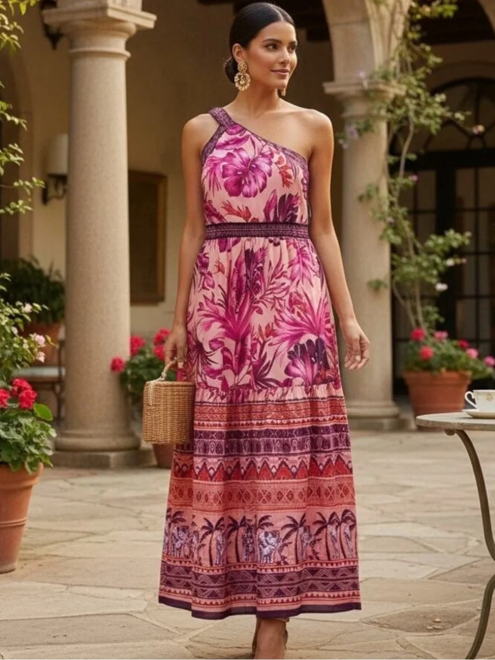 ELIZA J Pink, Purple & Orange Tropical Print One-Shoulder Maxi Dress Size 8 - Picture 4 of 4